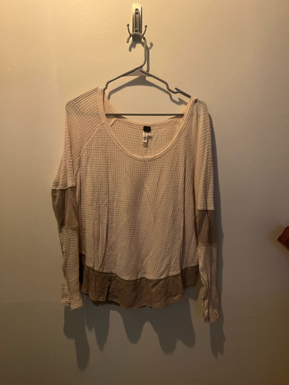 We The Free Two-Tone Waffle Long Sleeve Top in Cream and Brown